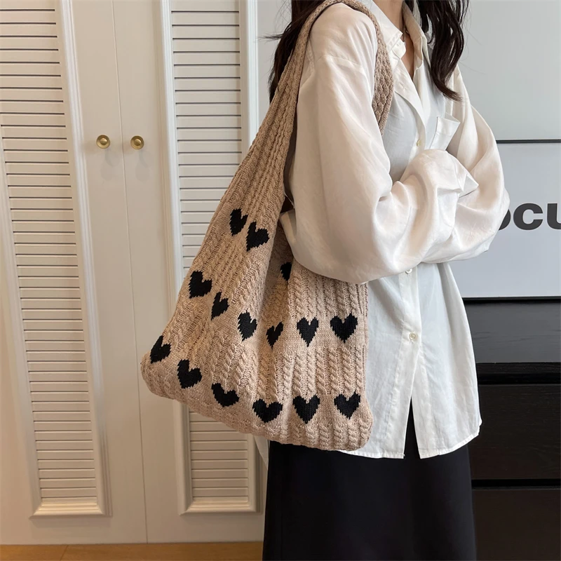 Top Trends: Heart Knit Women's Bag Knitted Eco Bag Korean Fashion Shopping Y2K Crochet Rope Shoulder Bag Female Knitting Handbag Tote Bags Shoppable Styles