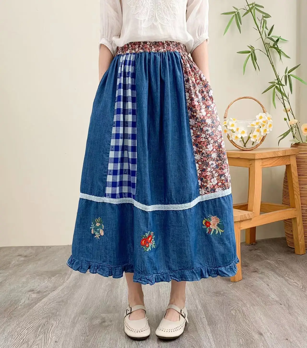 Top Trends: Vintage Embroidery Long Denim Skirts Japanese Harajuku Sweet Mori Skirt Korean Casual Elastic Waist Faldas Largas Para Mujer Shoppable Styles