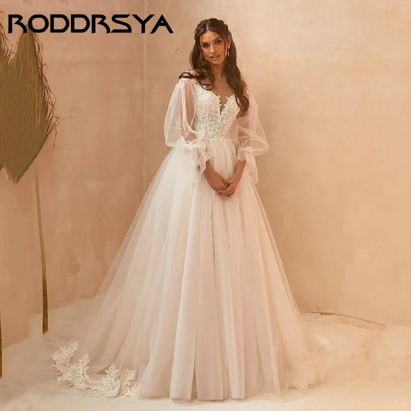 Top Trends: RODDRSYA Elegant O-Neck Puff Sleeve Wedding Dress Dreamy Button Back A-line Bride Party 2023 Romantic Tulle Applique Bridal Gown Shoppable Styles