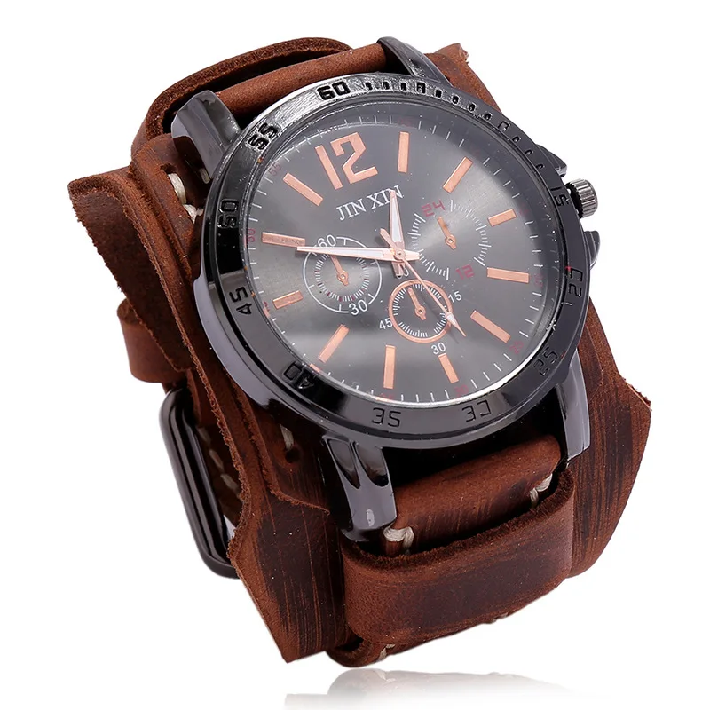 Top Trends: 2023 Cowhide Strap Watches Men Punk Style Retro Fashion Wide Leather Band Watch Black Big Dial Wristwatch Men Bangles Shoppable Styles