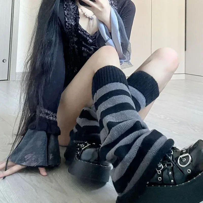 Top Trends: E-girl Kawaii Leg Warmers Women Knitted Sock Y2k Korean Harajuku Gothic Punk Vintage Striped Knee-length Cool Y2k Emo Alt Socks Shoppable Styles