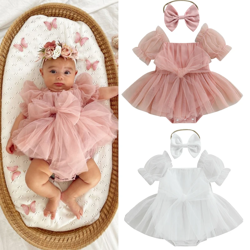 Top Trends: Baby Girls Sweet Romper Dress Short Puff Sleeve Bow Front Jumpsuit Tulle A-Line Dress With Headband Sets 2Pcs Summer Outfits Shoppable Styles