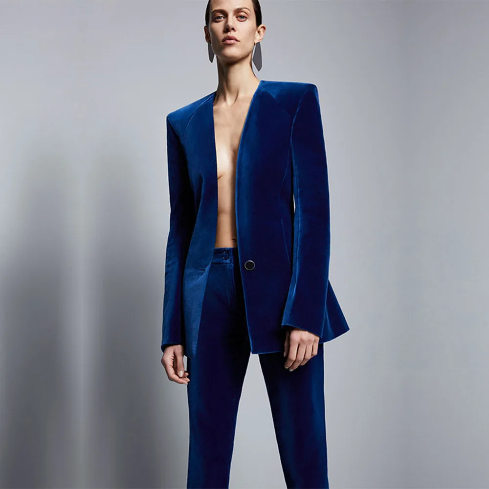 Top Trends: Fashion Royal Blue Velvet Women Formal Business Pant Suits Women Slim Fit Office Ladies Tuxedos Uniform Suits Costume Femme Shoppable Styles