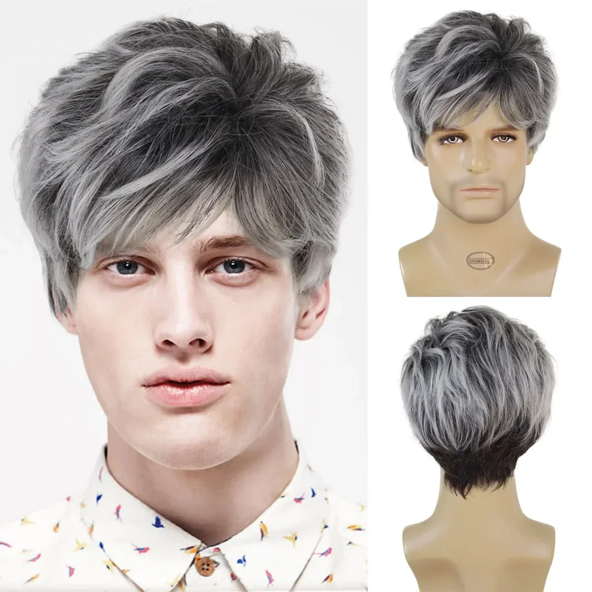 Top Trends: GNIMEGIL Synthetic Short Wig For Men Black Mix Grey Wig With Bangs Curly Hairstyle Natural Pixie Cut Wig Cosplay Heat Resistant Shoppable Styles