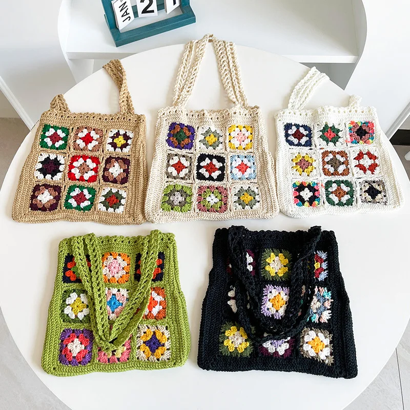 Top Trends: Women Boho Woven Tote Summer Beach Handbag Floral Handmade Weaving Shoulder Bags Hand Crochet Bag Flower Stitching Shopper Bag Shoppable Styles