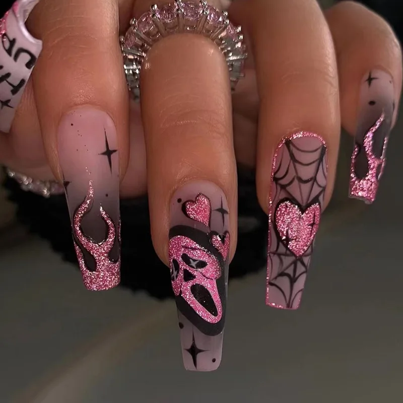 Top Trends: 24pcs Glitter Pink Sequin Fake Nail Patch Scary Skull Love Heart Pattern Artificial Nails Full Cover Wearable Halloween Gifts Shoppable Styles