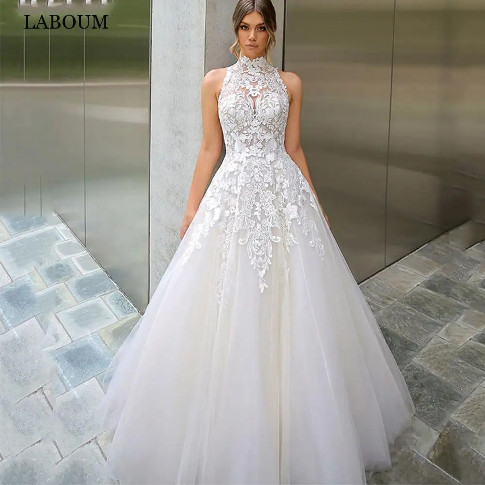 Top Trends: LaBoum High Neck Sleeveless Tulle Wedding Dresses Lace Appliques Illusion Back Bridal Gowns A-Line Custom Made Robe De Mariée Shoppable Styles