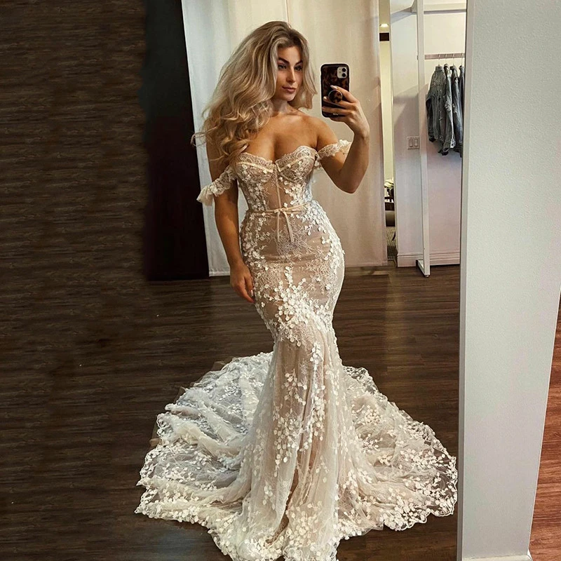 Top Trends: 3D Lace Mermaid Wedding Dress Corset Sweetheart Neck Bride Dresses Off The Shoulder Applique Bridal Gowns 2023 Shoppable Styles