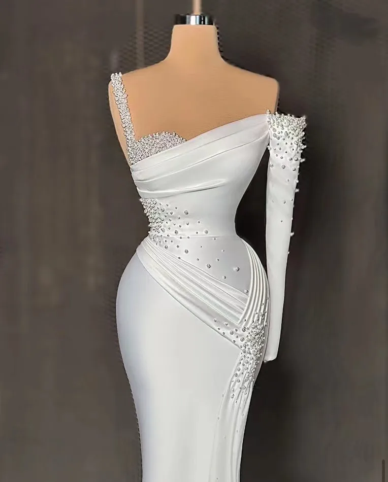 Top Trends: 2023 New White One Shoulder Mermaid Prom Dress Puff Long Sleeves Sweep Train Sequins Beads Formal Evening Gowns Custom Shoppable Styles