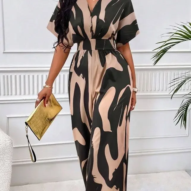 Top Trends: Wide Leg Jumpsuit Women 2023 Autumn And Winter Fashion Short Sleeved High Waist V-neck Full Body Printed Bat Sleeve Jump Suits Shoppable Styles - Image 2