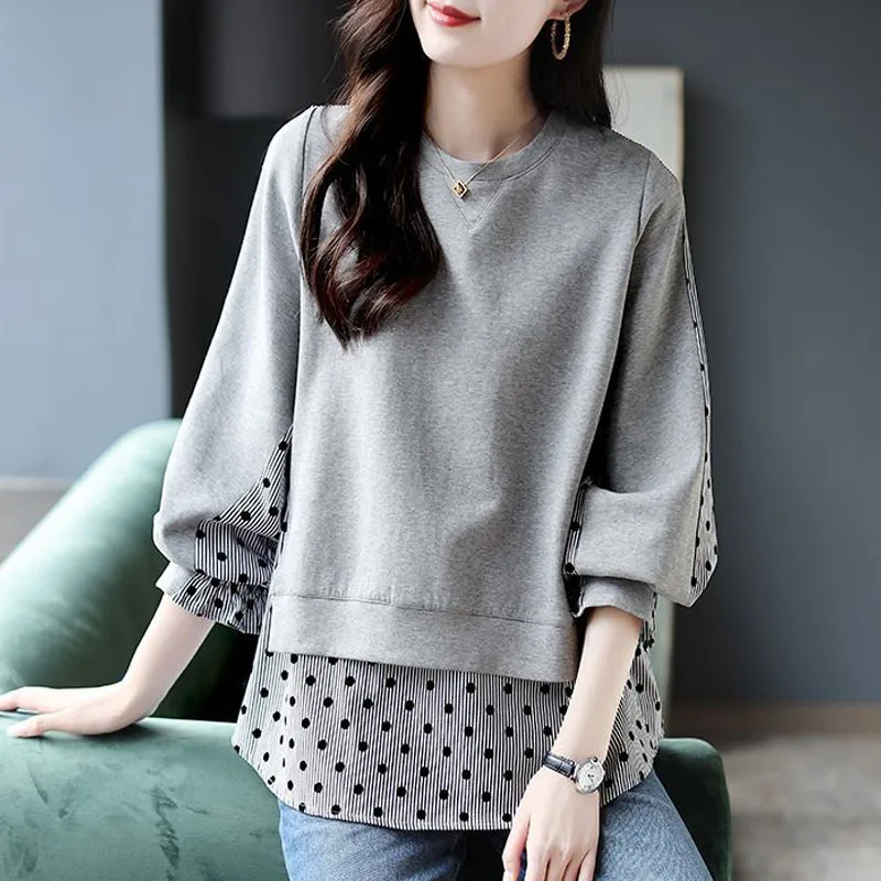 Top Trends: New Spring And Autumn Fashion Trend Stripe Polka Dot Patch Loose Versatile Fake Two Piece Round Neck Women's Long Sleeve Sweater Shoppable Styles