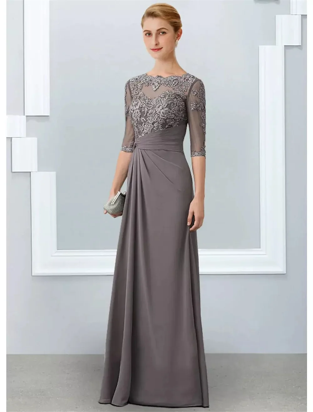 Top Trends: A-line Gray Mother Of The Bride Dress Elegant Jewel Neck Floor Length Chiffon Half Sleeves Appliques Lace Wedding Party Gowns Shoppable Styles