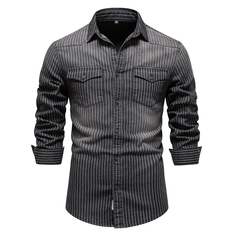 Top Trends: Cotton Striped Stretch Men&#039;s Denim Shirts Male Long Sleeve High Quality Cowboy Shirts For Men Slim Fit Mens Designer Clothing Shoppable Styles