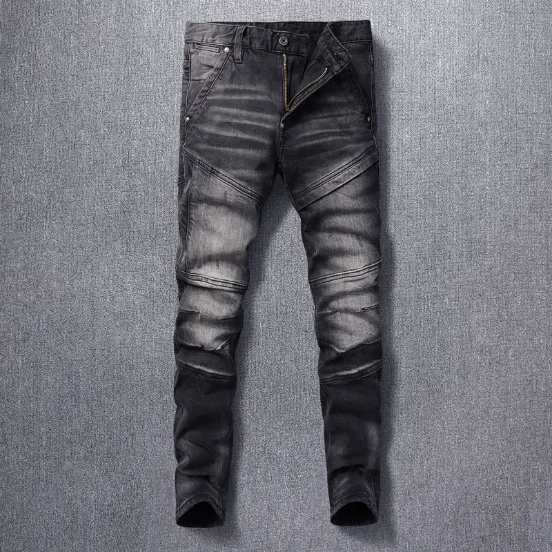 Top Trends: High Street Fashion Men Jeans Retro Black Gray Stretch Slim Fit Spliced Biker Jeans Homme Patched Designer Hip Hop Denim Pants Shoppable Styles