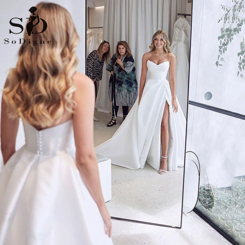 Top Trends: SoDigne A Line Elegant Wedding Dresses High Side Slit Satin Bride Dress With Buttons Simple Pleat Bridal Gowns Shoppable Styles