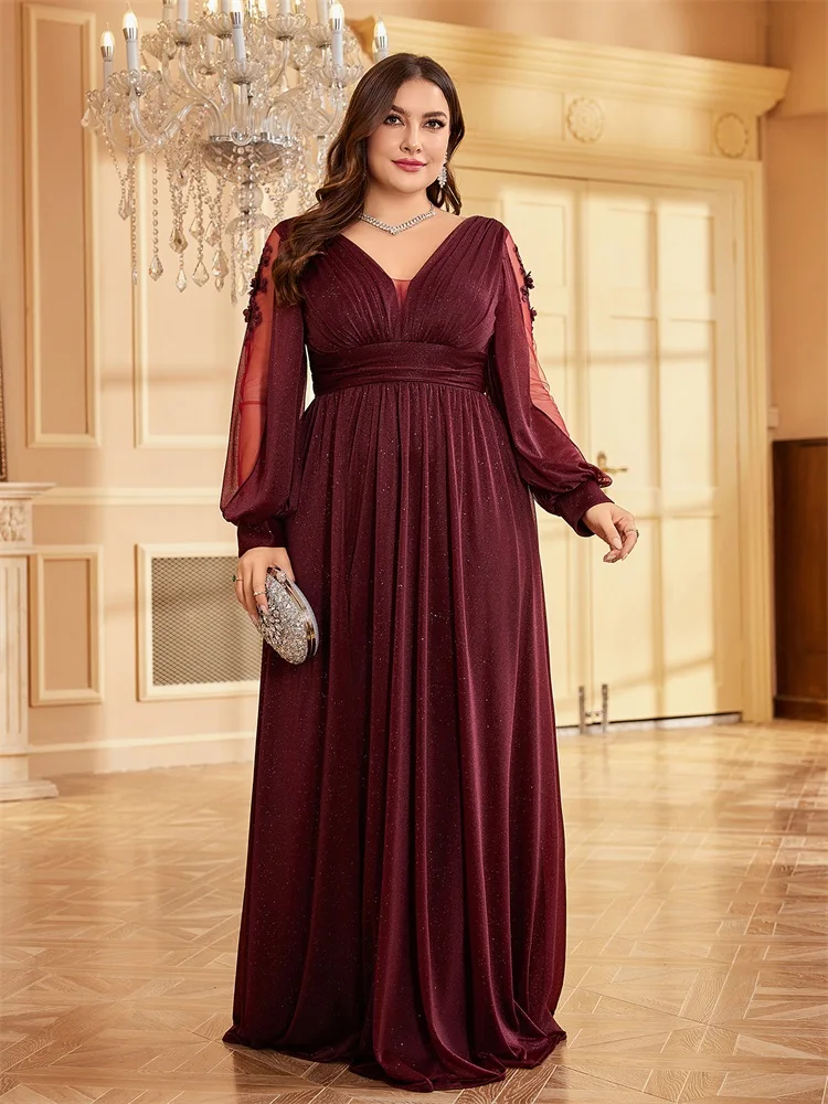 Top Trends: XUIBOL Plus Size Elegant Women V-Neck Wedding Party Maxi Dress Luxury Long Sleeve Chiffon Evening Dress Long Prom Cocktail Dress Shoppable Styles