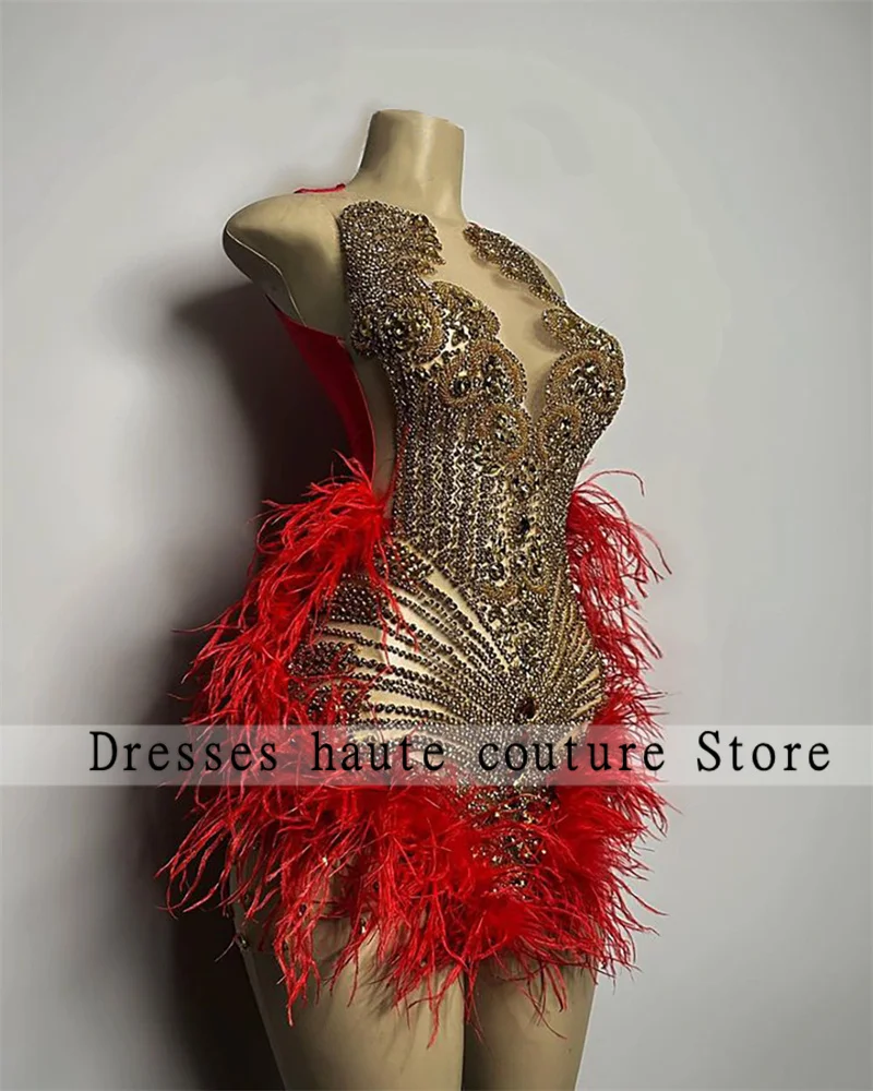 Top Trends: Sparkly Gold Diamond Short Prom Dresses 2024 For Black Girls Sexy Red Feather Mini Cocktail Dresses Birthday Party Gowns Shoppable Styles