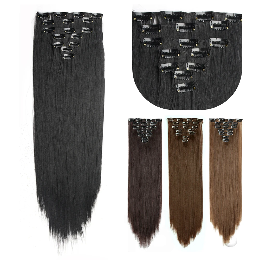 Top Trends: Long Straight Synthetic 16 Clips In Hair Extensions 7Pcs / Set High Temperature Fiber Black Brown Blonde Hairpiece For Women Shoppable Styles