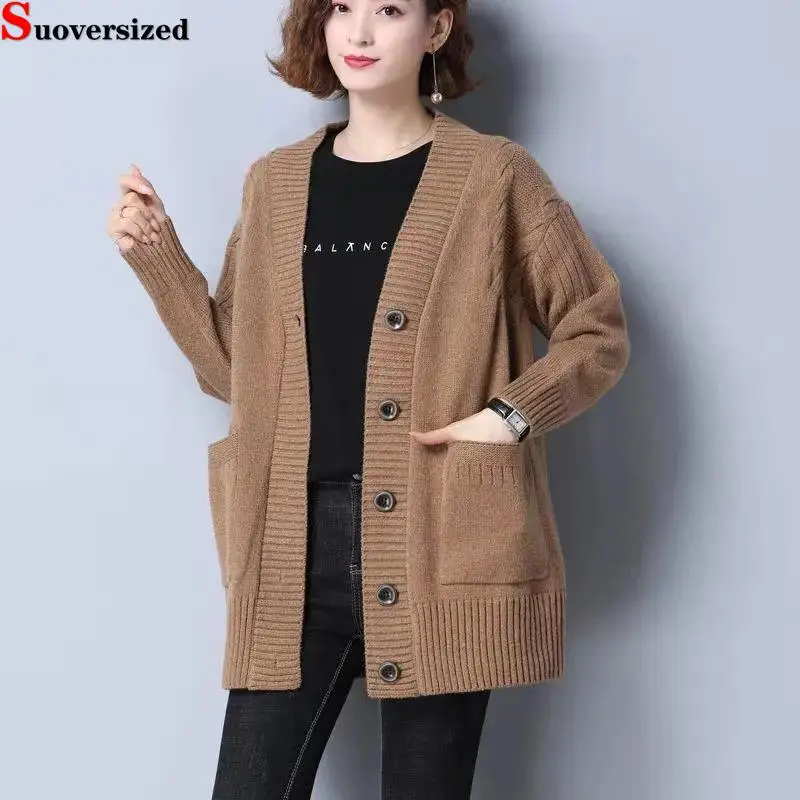 Top Trends: Autumn Winter Mid-length Cardigan Women's Single Breasted Abrigos Oversized 5xl V Neck Knitted Coats Warm Long Sleeve Sweater Shoppable Styles