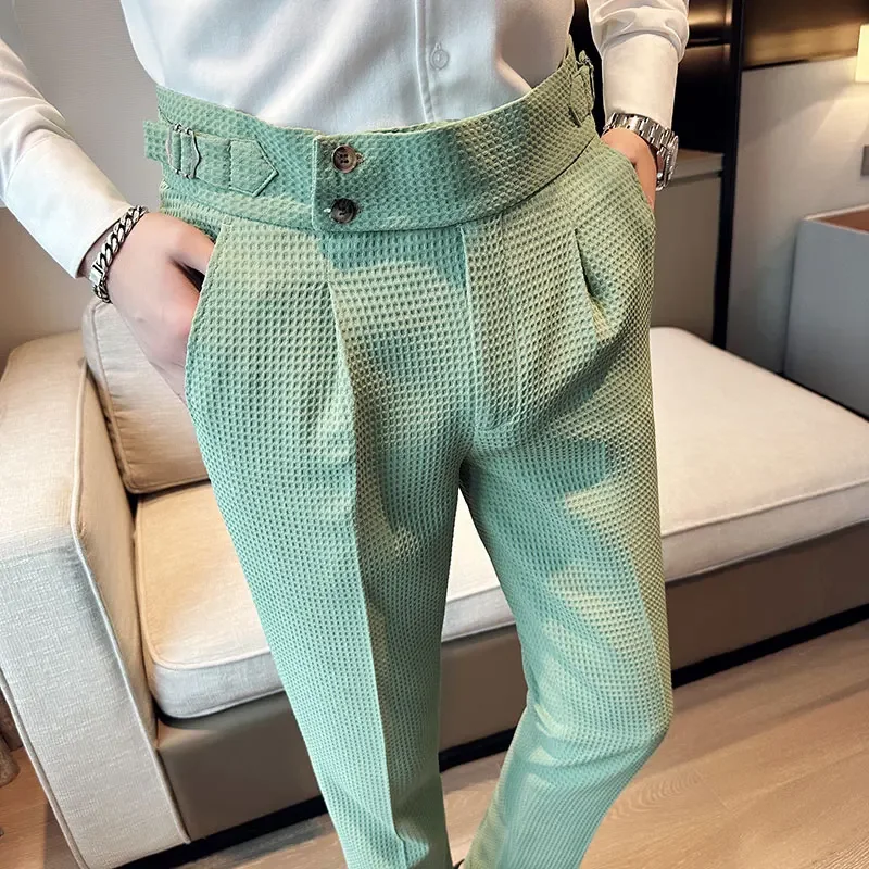 Top Trends: Autumn Winter Pantalones Hombre High Waist Waffle Business Casual Suit Pants For Men Clothing Slim Fit Formal Wear Trousers 36 Shoppable Styles