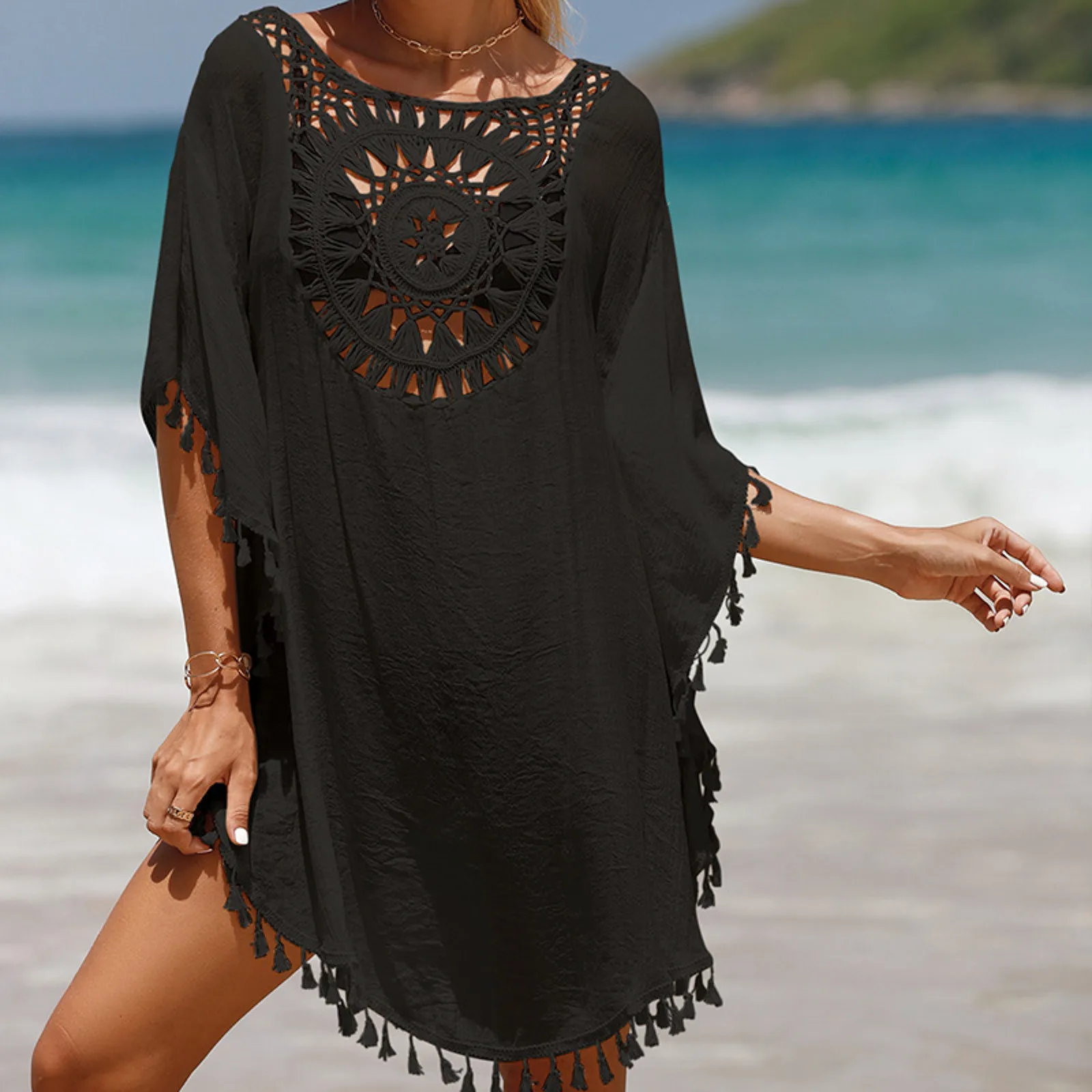 Top Trends: 2023 Women Solid Hollow Cover Ups Small Tassel Beach Dress Short Sexy Loose Cover Up Fashion Ladies Bathing Swimsuit Shoppable Styles