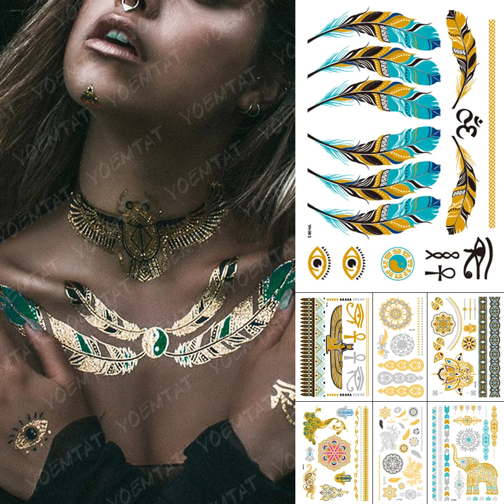 Top Trends: Waterproof Temporary Tattoo Sticker Green Feather Eyes Gold Silver Metallic Flash Tatoo Boho Lotus Party Egypt Glitter Body Art Shoppable Styles