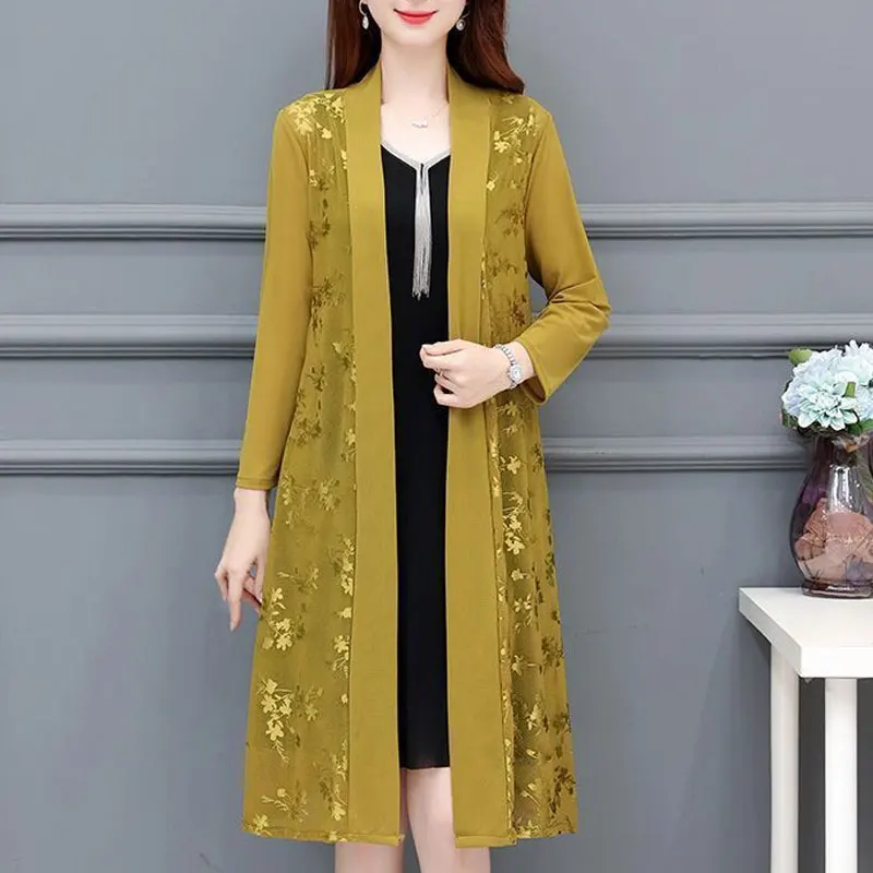 Top Trends: Commute Gauze Jacquard Weave Open Stitch Spring Summer Casual Long Sleeve Women's Clothing Stylish Spliced Straight Midi Blouse Shoppable Styles