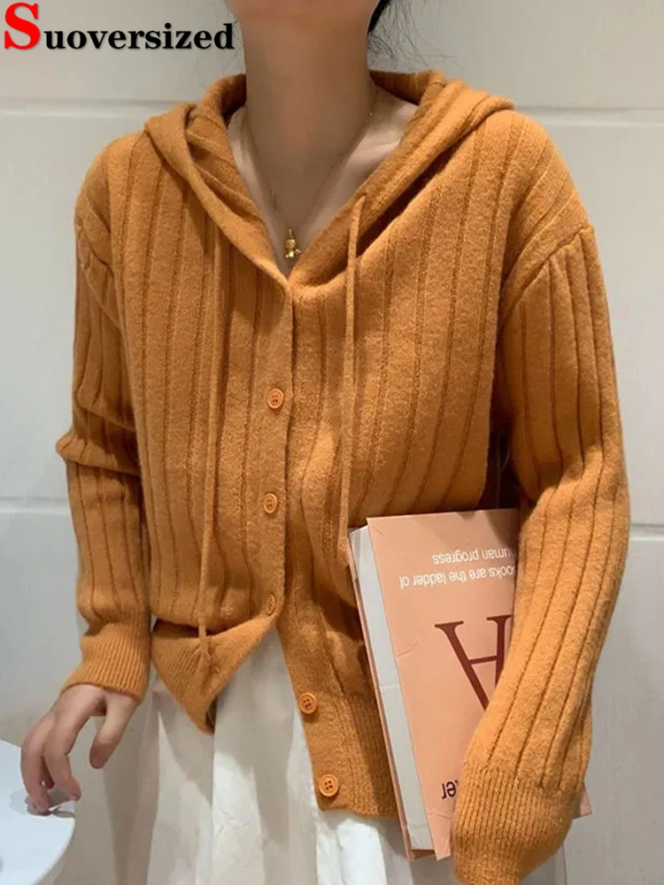 Top Trends: Hooded Crop Knitted Cardigan Women's Korean Elegant Chic Sweater Spring Long Sleeve Casual Tops Loose Knitwear Sweatshirts Femme Shoppable Styles