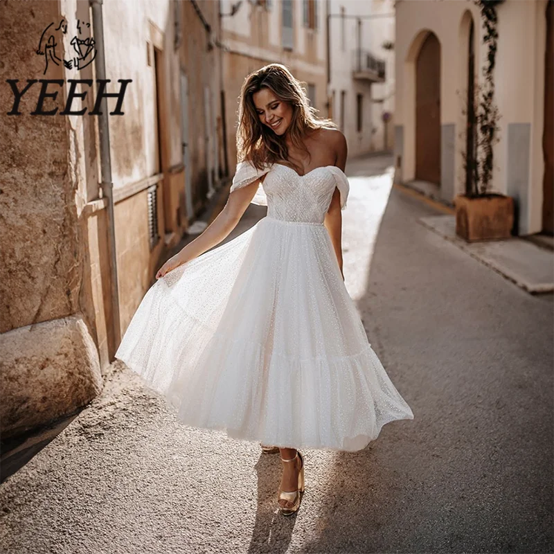 Top Trends: YEEH Sweetheart Neckline Wedding Dress Simple Ruched Tulle Bridal Gown Off-the-shoulder Tea-length Vestido De Noiva For Bride Shoppable Styles