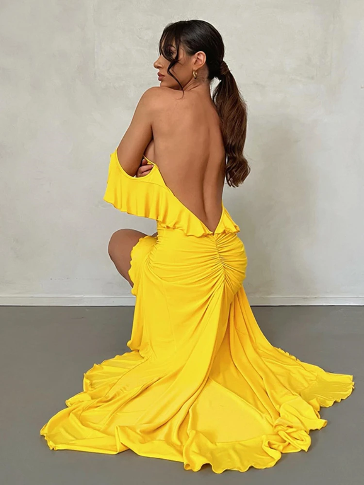 Top Trends: 2023 Summer Women's Dresses Sexy Backless Bodycon Mermaid Dresses With Ruffle Trim Yellow Elegant Evening Party Dresses Shoppable Styles