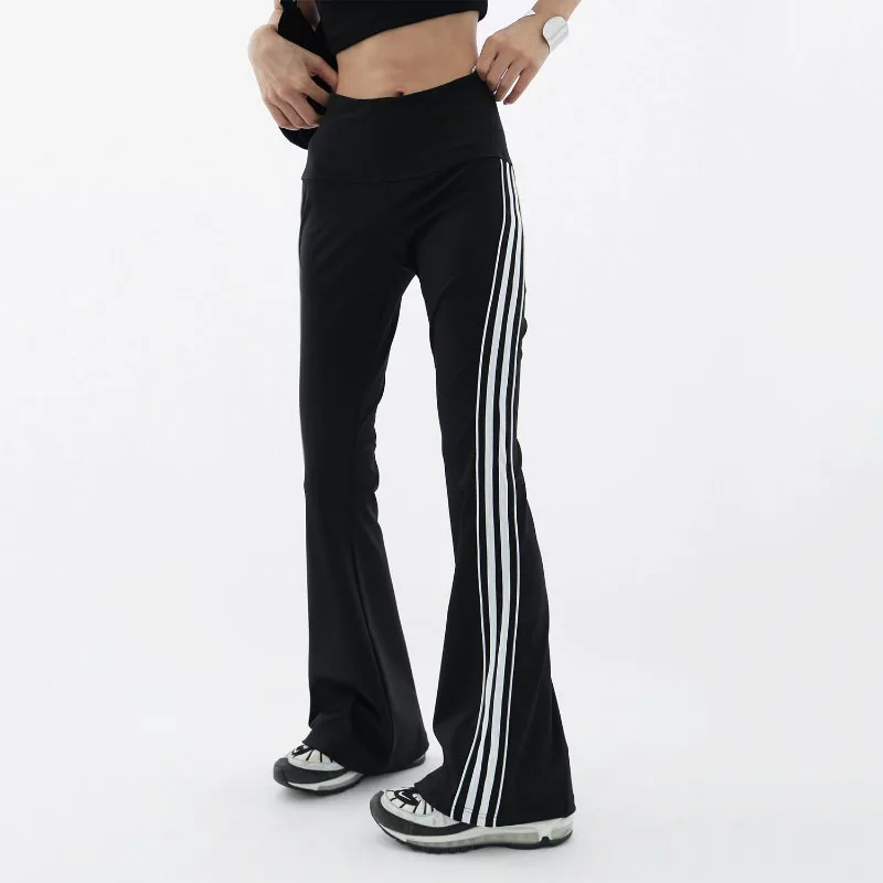 Top Trends: Korean Simple Versatile Women Striped Flare Pants Spring Autumn New Elastic High Waist Fashion Casual Sports Slim Black Trousers Shoppable Styles