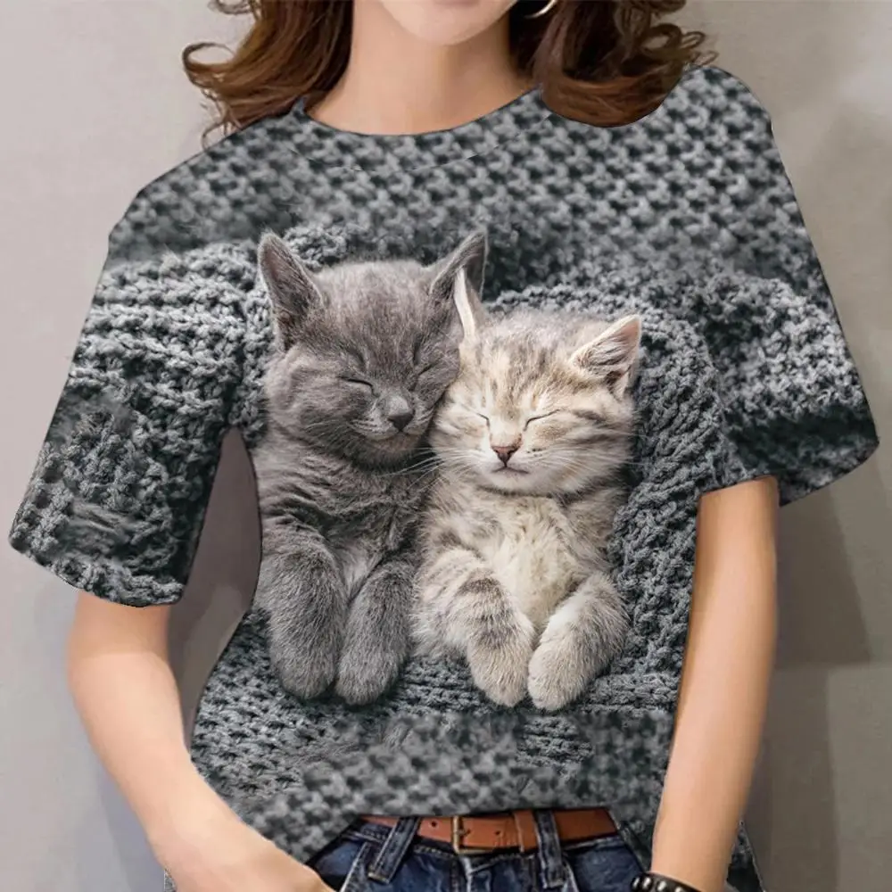 Top Trends: Summer New Women's T-Shirts Funny 3D Cat Print Tees Trendy Girl Style Short Sleeve Street Trend O-neck Tops Daily Loose Pullover Shoppable Styles