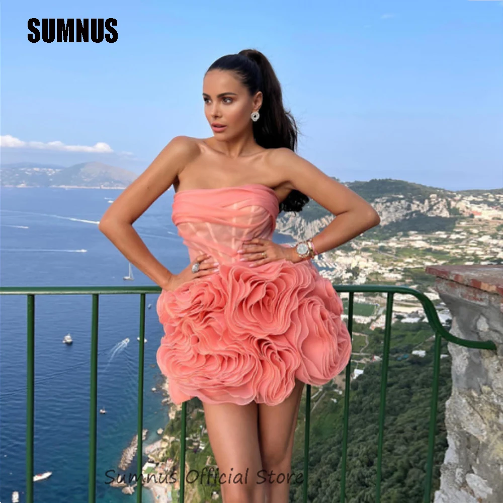 Top Trends: SUMNUS Tulle Strapless Floral Short Prom Dresses Sleeveless Modern Style Tiered Formal Mini Cocktail Party Gowns For Weddings Shoppable Styles