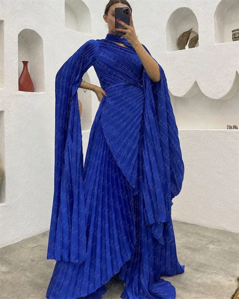 Top Trends: LISM A-line Blue Pleats Neck Formal Evening Party Dresses Side Slit Elegant Floor Length Elegant Occasion Prom Gown 2023 New Shoppable Styles