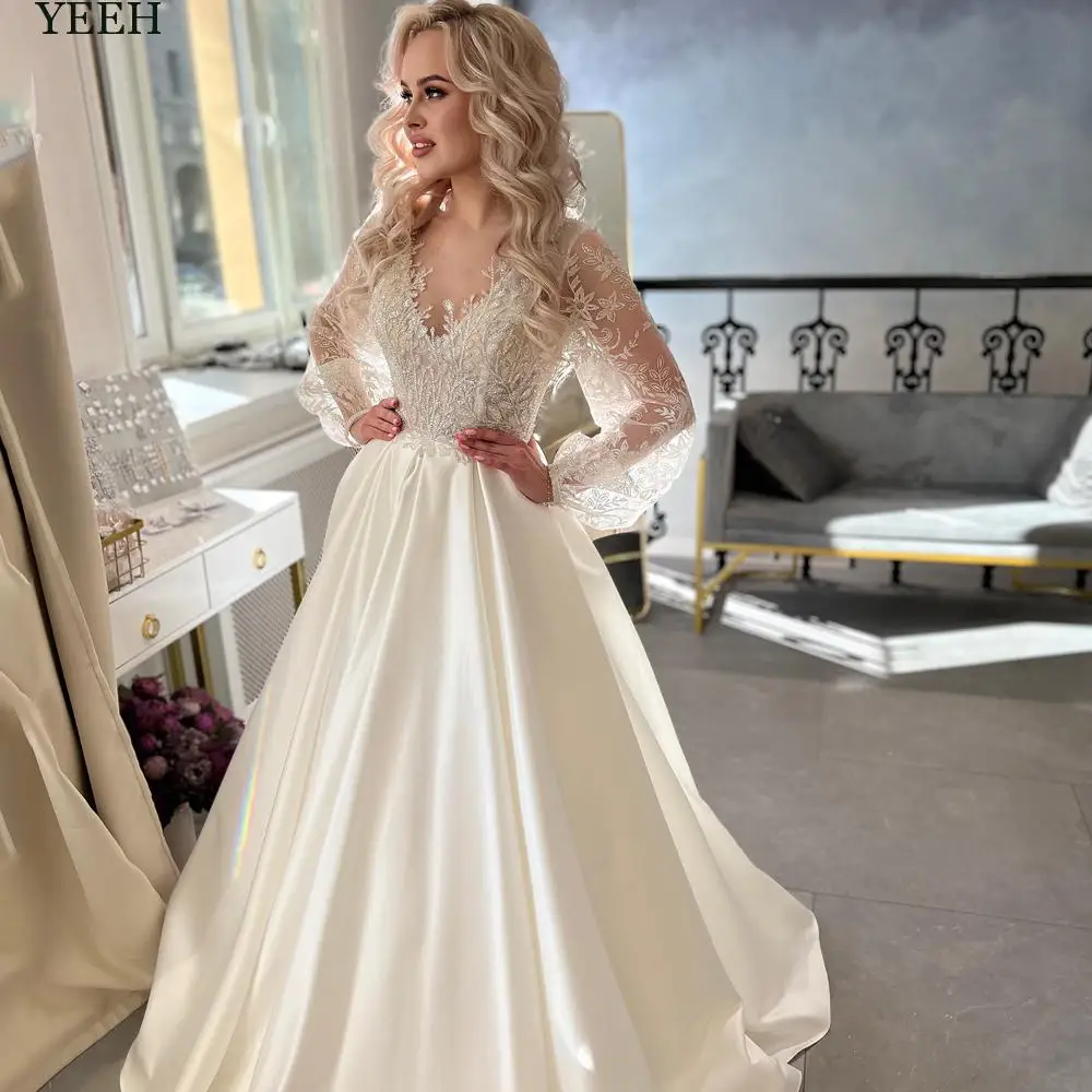 Top Trends: YEEH Exquisite A-line Wedding Dress For Bride Princess Lace Appliques Long Puffy Sleeves Vestido De Novia Boda Satin Robe Shoppable Styles