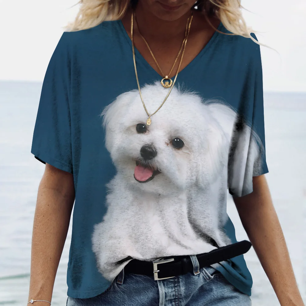 Top Trends: 2023 Hot Sale Ladies T Shirt 3D Print Pet Dog Summer Fashion Short Sleeve Tops V Neck Cotton Streetwear Harajuku Casual Pullover Shoppable Styles