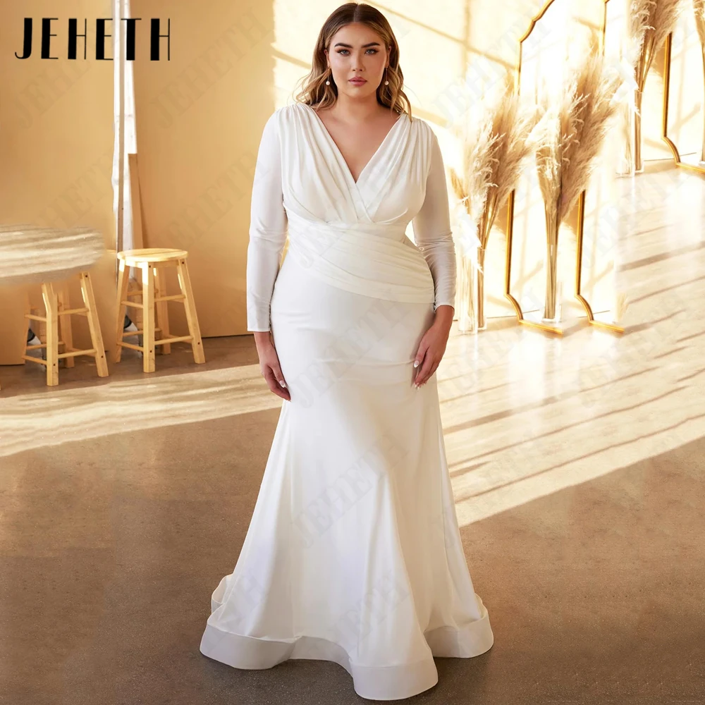 Top Trends: JEHETH Elegant Wedding Dress Plus Size Woman Bride Long Sleeves Double V-Neck Bride Gowns Mermaid Soft Satin Vestidos De Novia Shoppable Styles