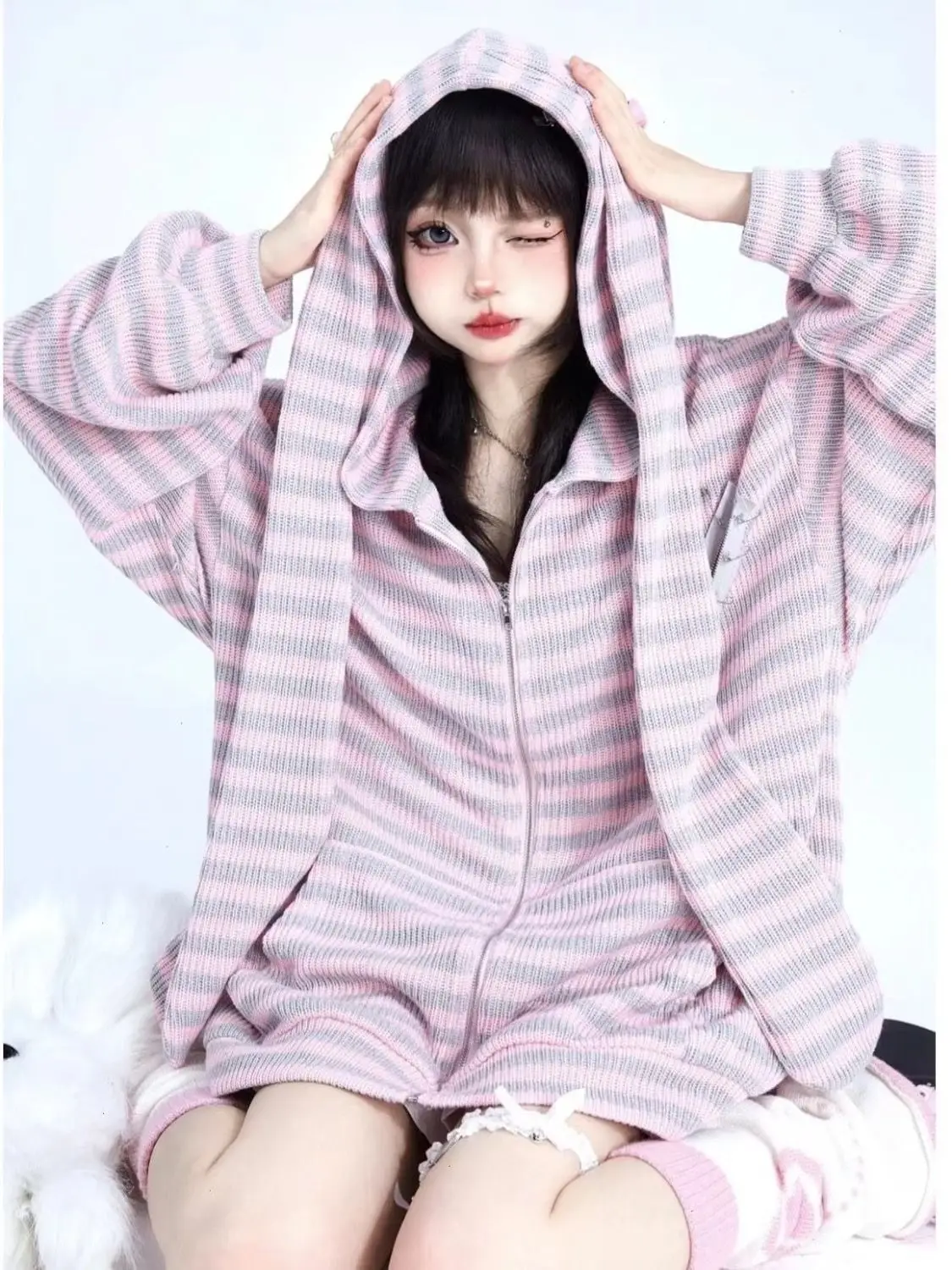 Top Trends: ADAgirl Funny Bunny Ears Zip Up Hoodie Kawaii Striped Long Sleeve Sweatshirt Oversized Cutecore Autumn Winter Clothes Women Alt Shoppable Styles