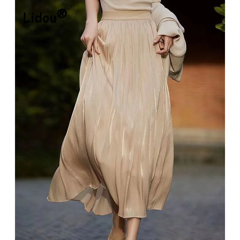 Top Trends: 2023 New High Waist Slim Pearlescent Dropping Feeling Elastic Waist Pleated Solid Color Pearlescent Half Body Flowing Skirt Shoppable Styles