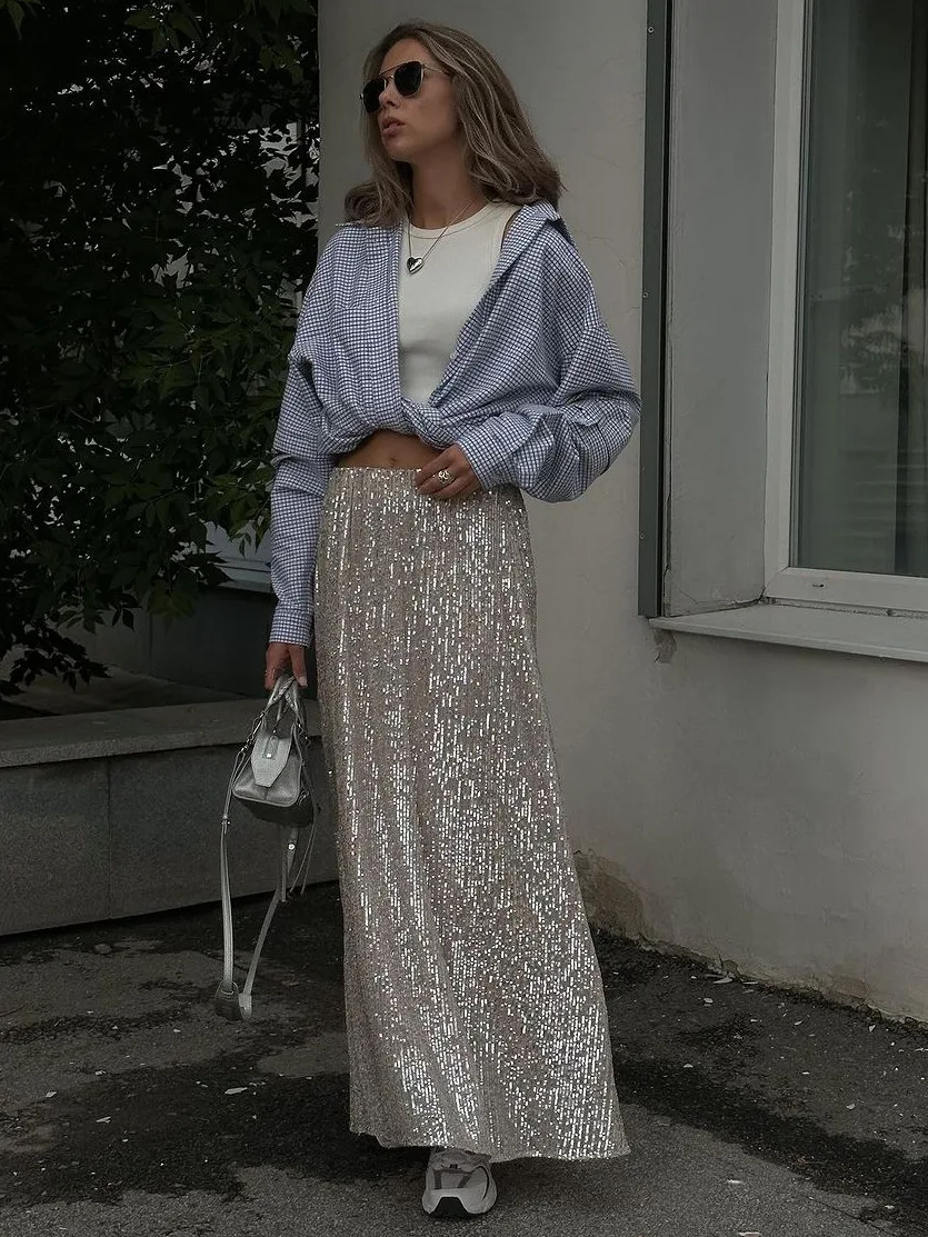 Top Trends: Sexy Sequin Maxi Skirt For Women, Glitter High Waist, Loose, Elegant Club Long Skirt, Sparkle, Summer Fashion, New Shoppable Styles