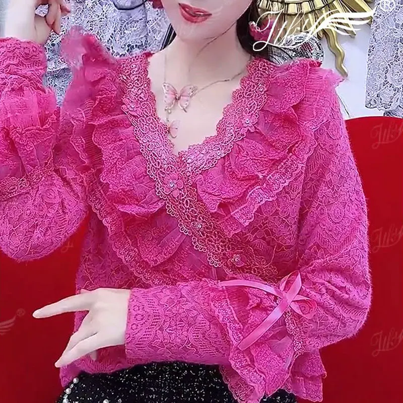 Top Trends: Spring Autumn Lace Ruffles Spliced Shirt Vintage Hollow Out Elegant V-Neck Female Clothing Stylish Bow Asymmetrical Slim Blouse Shoppable Styles