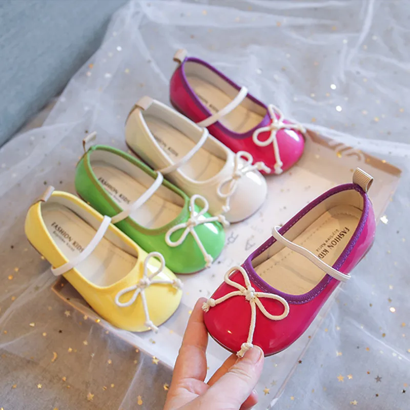 Top Trends: Girl's Flat Shoes Jelly Color Cute Bowknot Leather Shoes Kids Soft Bottom Princess Single Shoes For Children Rose Green Yellow Shoppable Styles