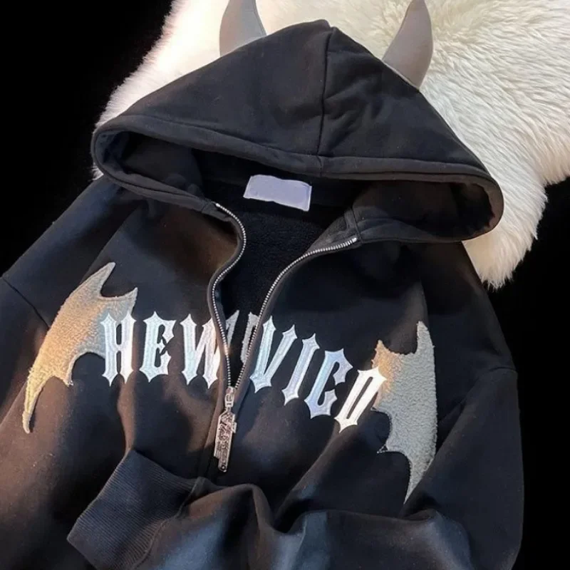 Top Trends: Devil's Horns Hooded Women Y2k Clothes New Baggy Padded Zip Up Men Hoodies Harajuku Couple Flocking Wings Hooded Coat Shoppable Styles - Image 5