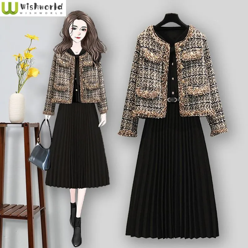 Top Trends: Autumn And Winter Fashion Set Women's 2023 New Korean Edition Small Fragrance Coat Slim Dress Elegant Women's Two Piece Set Shoppable Styles