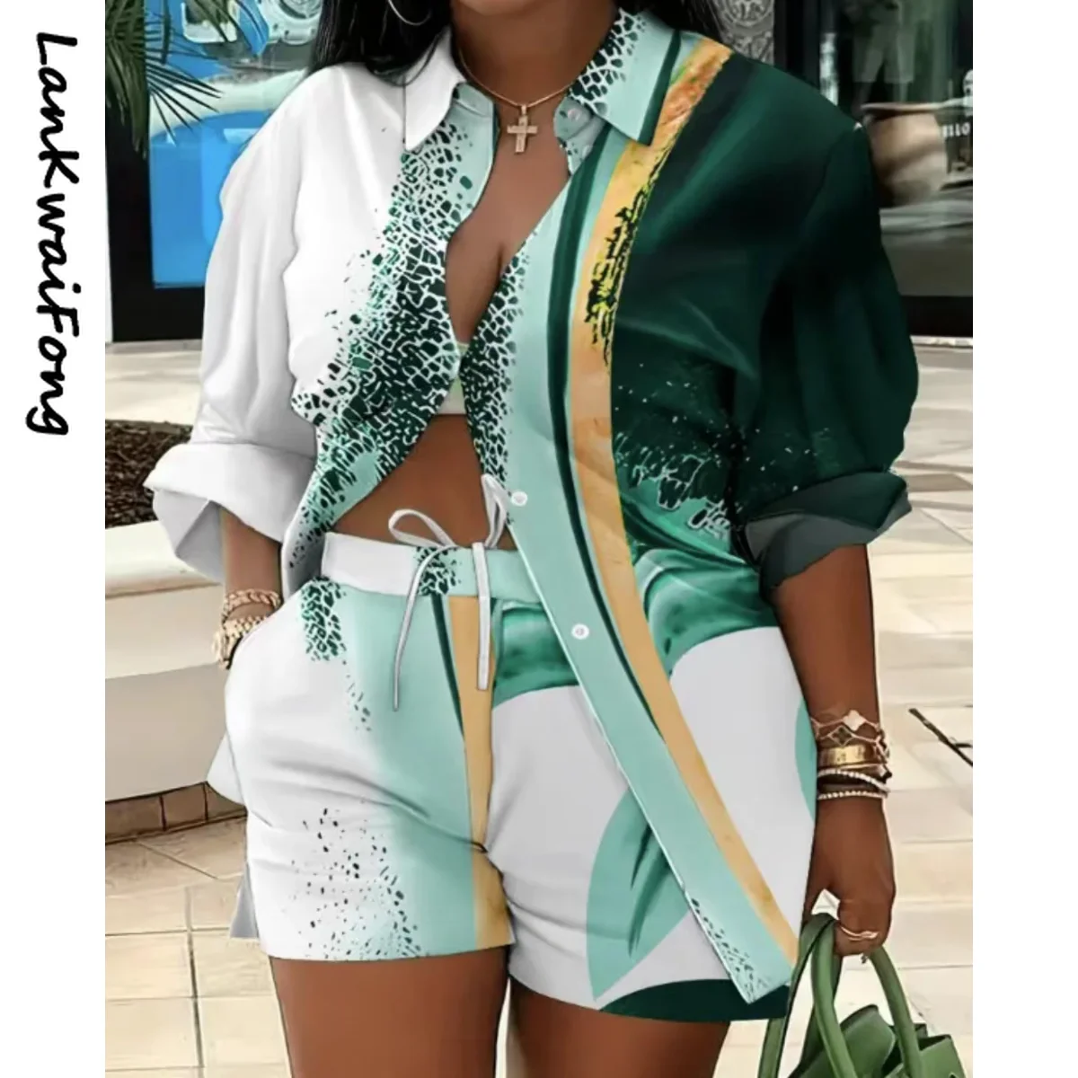 Top Trends: LKF Spring Summer Fashion Printing Two Piece Set Women Casual Button Shirt Drawstring Short Sleeve Two Piece Set Women Shoppable Styles