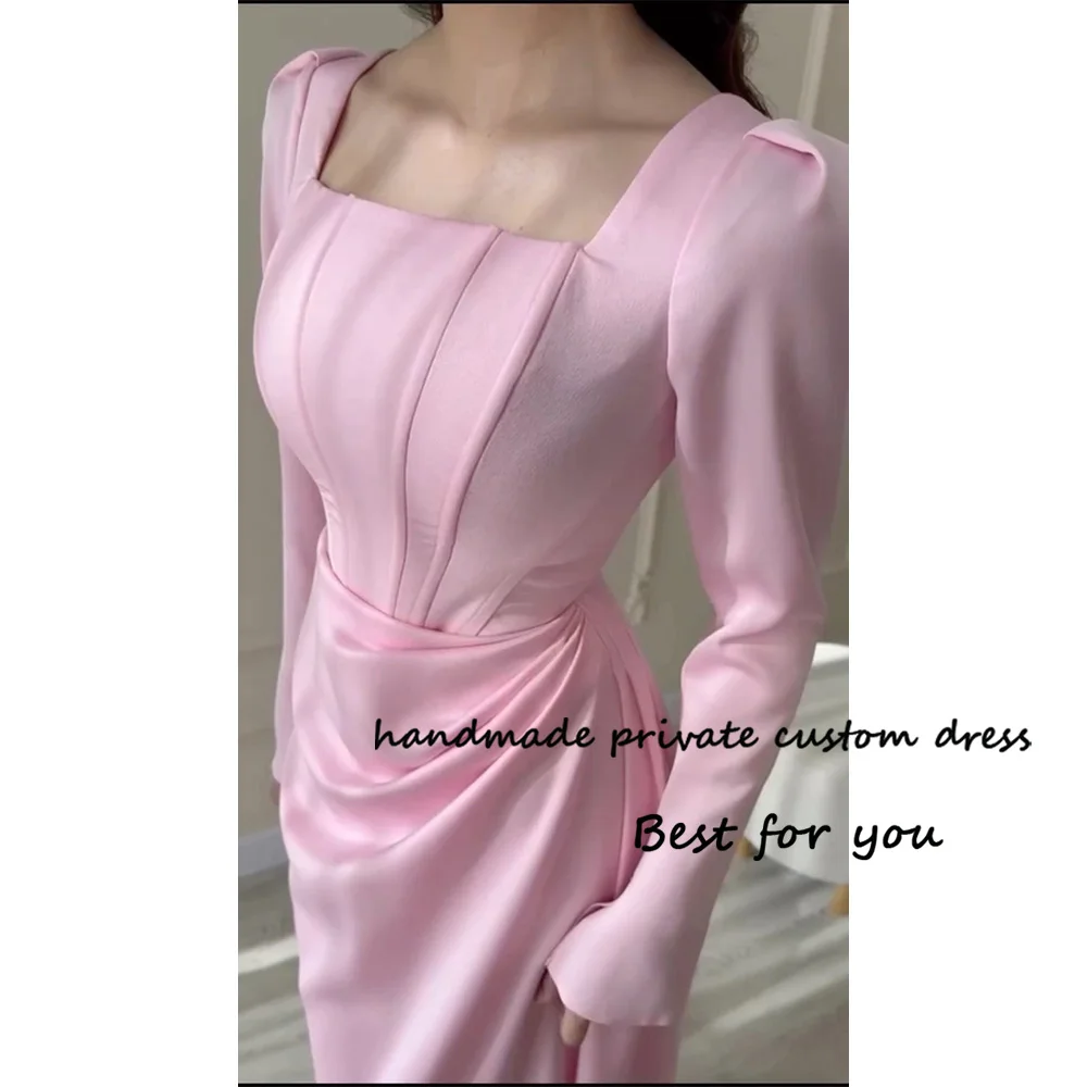 Top Trends: Baby Pink Satin Mermaid Evening Dresses Long Sleeve Square Neck Prom Party Dress With Slit Formal Gowns Floor Length Shoppable Styles