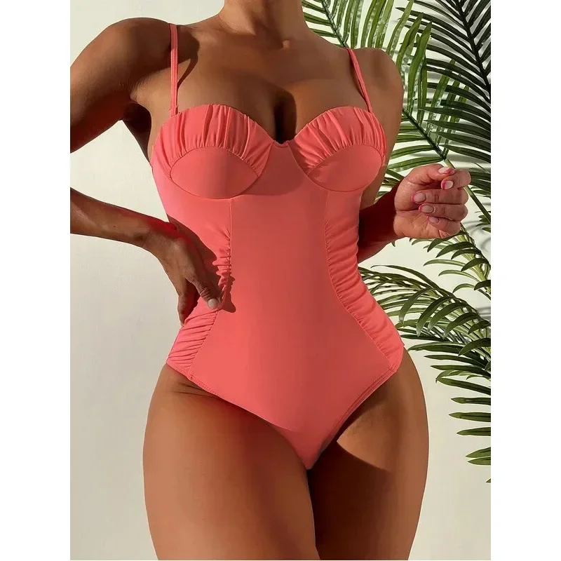 Top Trends: 2023 New One Piece Swimsuit Swimwear Women Sexy Push Up Pleated Solid Bathing Suit Beachwear Maio Feminino Praia Banadores Mujer Shoppable Styles