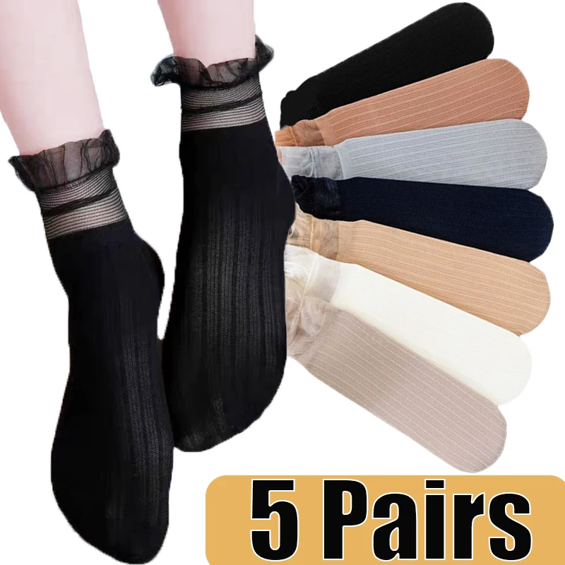 Top Trends: 10Pcs Ultra-thin Lace Socks Summer Velvet Frilly Ruffle Socks Women Transparent Retro Fleece Flower Hollow Out Sox Female Shoppable Styles