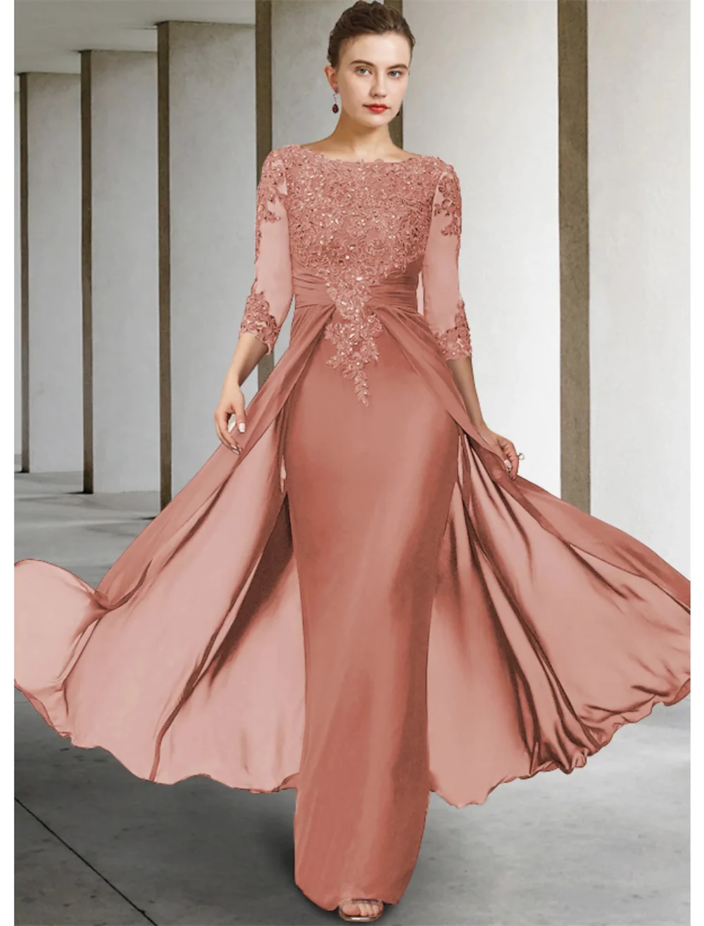 Top Trends: Column Mother Of The Bride Dress Formal Gowns Elegant Sparkle Shine Jewel Neck Asymmetrical Floor Chiffon Lace 3 / 4 Length Shoppable Styles