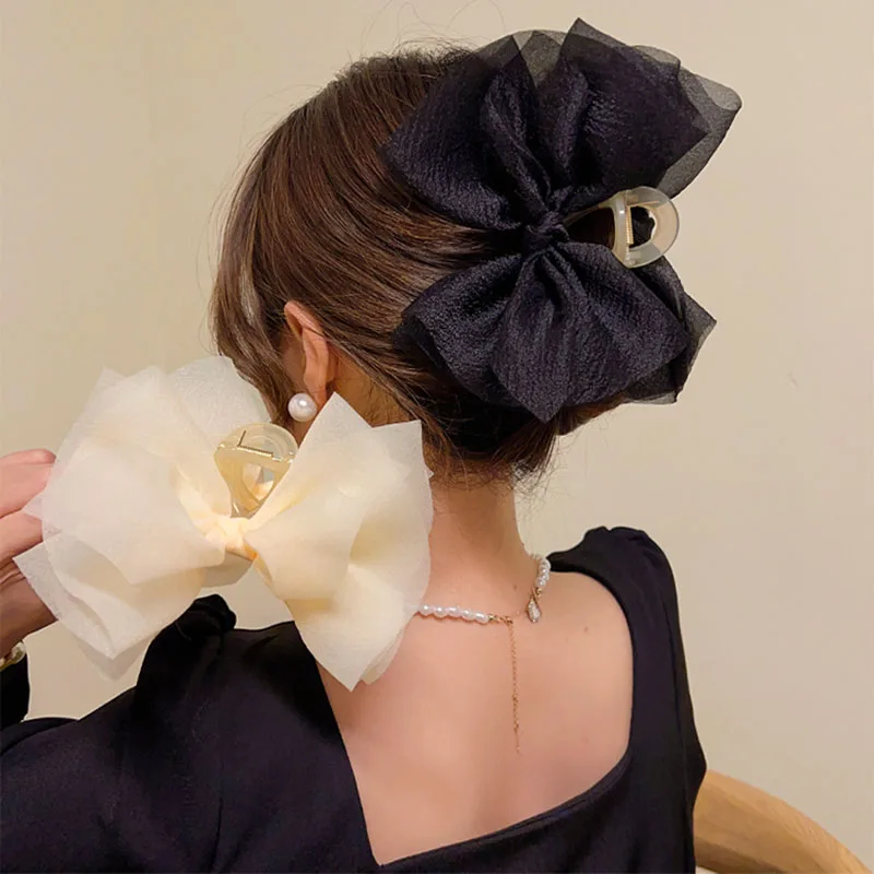 Top Trends: Summer New Solid Color Mesh Tulle Bow Hair Clips Elegant Women Ponytail Braid Hair Claw Clip Hair Clip Headwear Hair Accessories Shoppable Styles